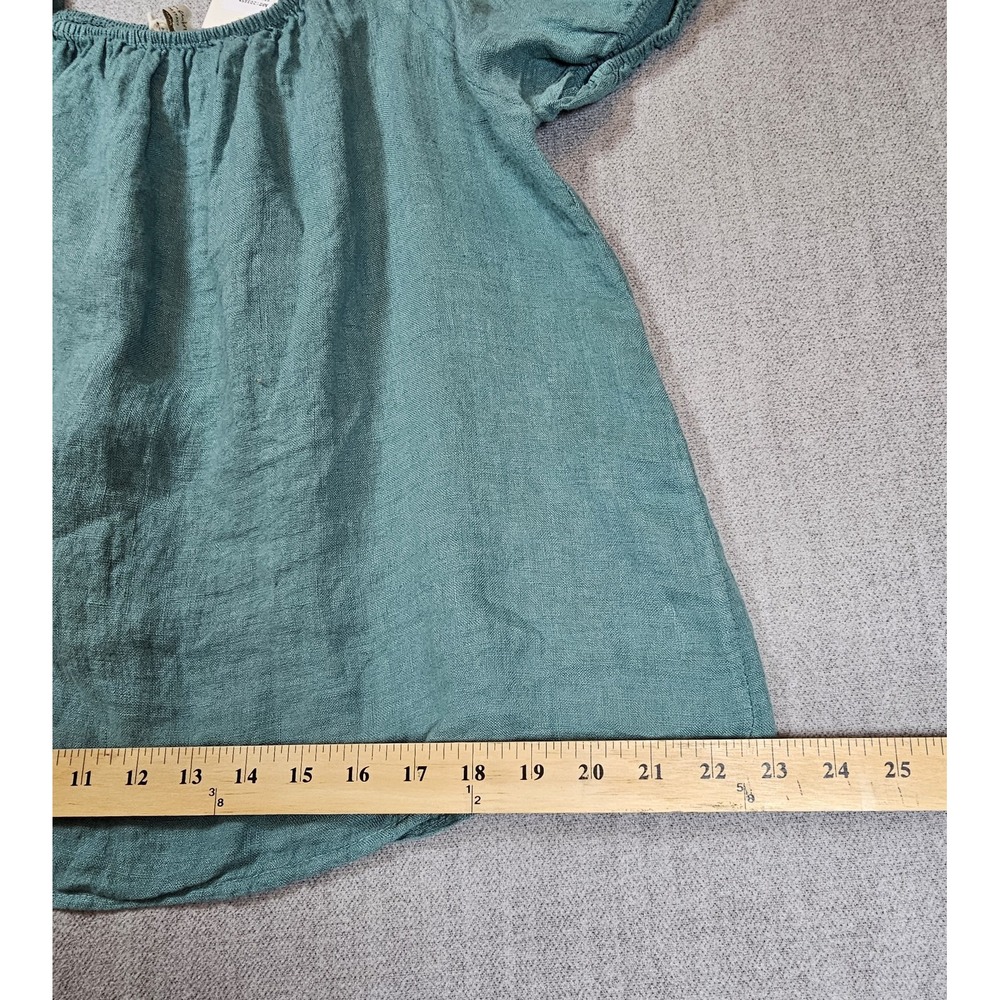 Bellambra Blouse Womens Medium Green 100% Linen Square Neck Short Sleeve Coastal - Picture 9 of 11